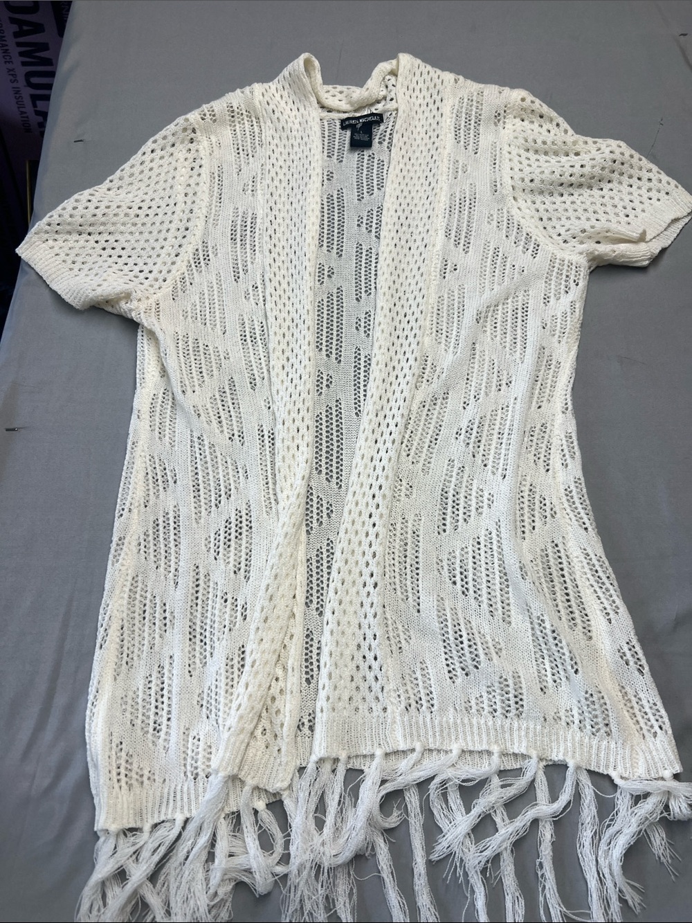 Lauren Michelle Open-Knit Fringe Short-Sleeve Cardigan — Cream